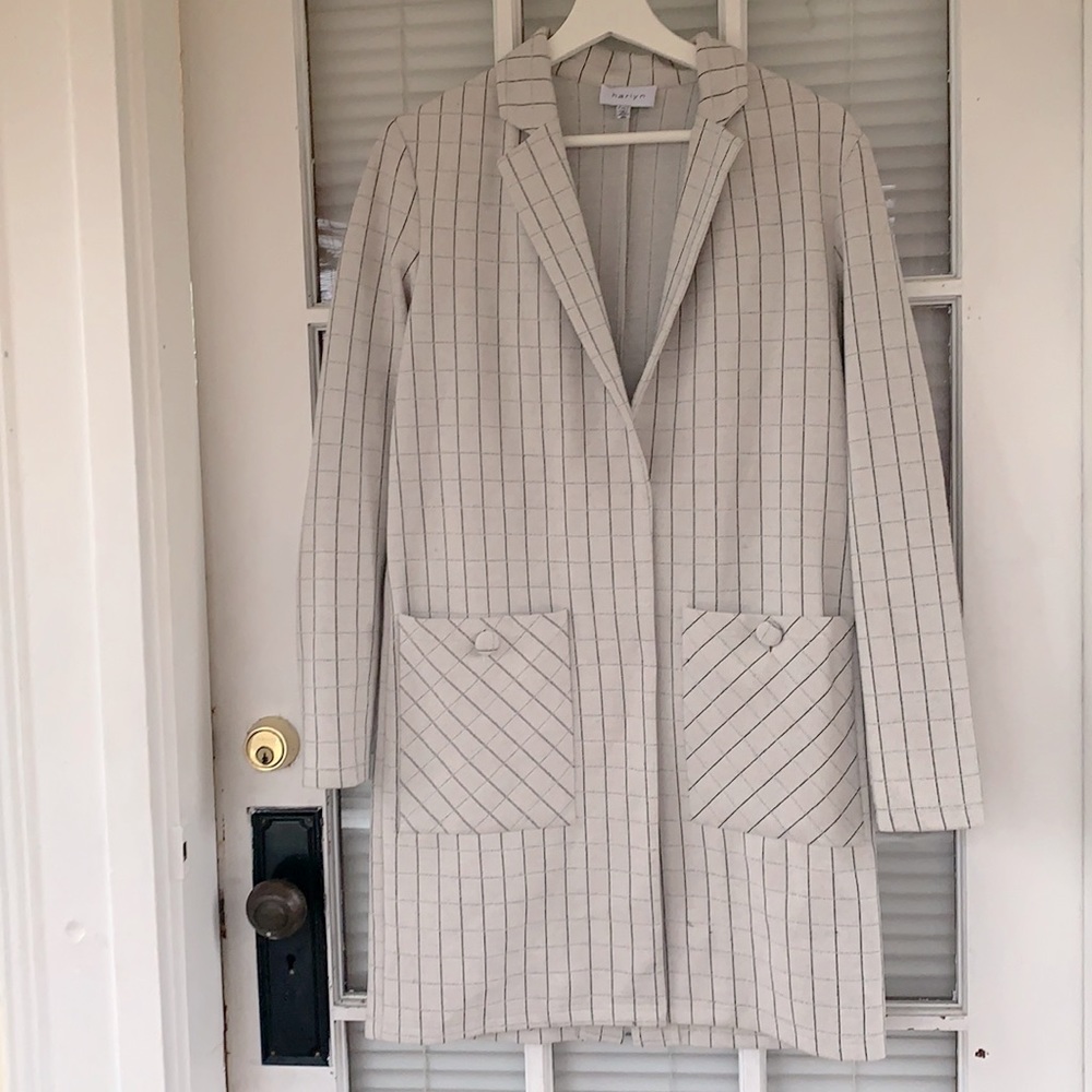 Harlan Anthropologie check checkered trench coat  long knit jacket windowpane XS